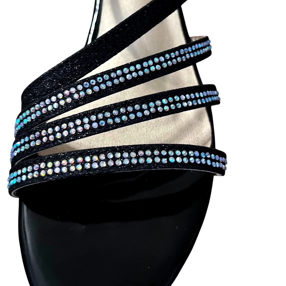 Pandaninija Girls Black Glitter Rhinestone Low Heel Sandals Size‎ 6 NWB